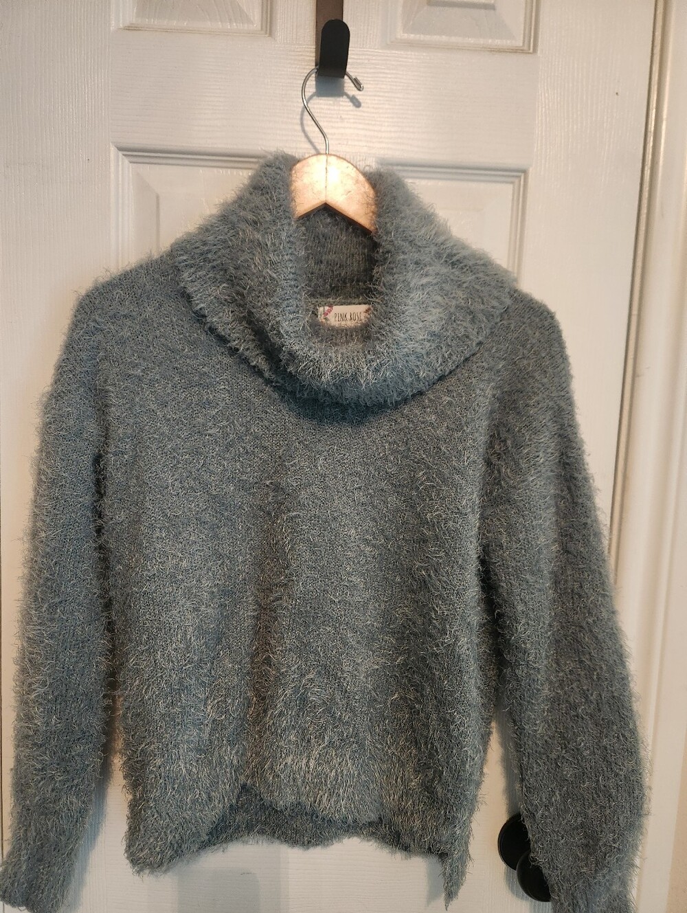 Pink Rose Turtleneck Sweater Fuzzy Green Size Large